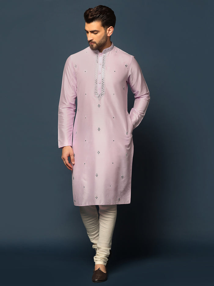 Men Light Pink Mirror Work Elegant Festive Kurta Set with Churidar