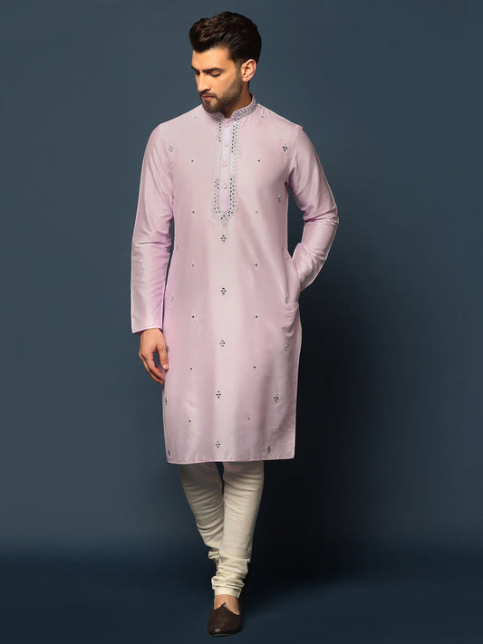 Men Light Pink Mirror Work Elegant Festive Kurta Set with Churidar