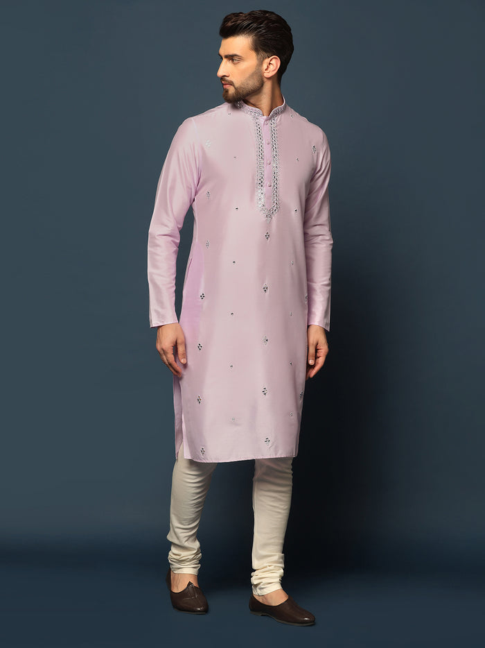 Men Light Pink Mirror Work Elegant Festive Kurta Set with Churidar