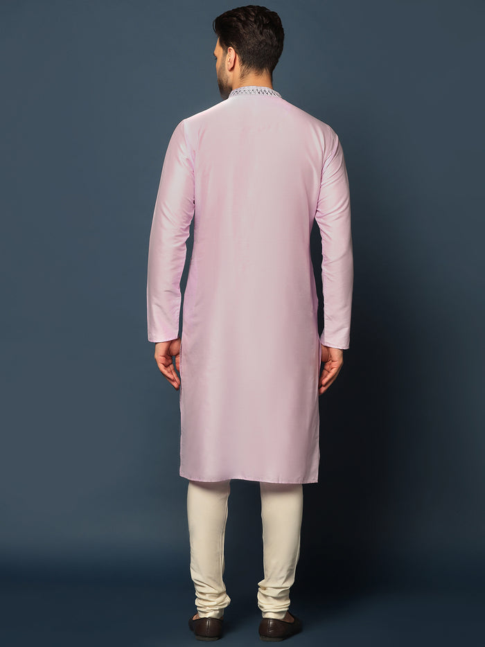 Men Light Pink Mirror Work Elegant Festive Kurta Set with Churidar