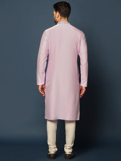 Men Light Pink Mirror Work Elegant Festive Kurta Set with Churidar