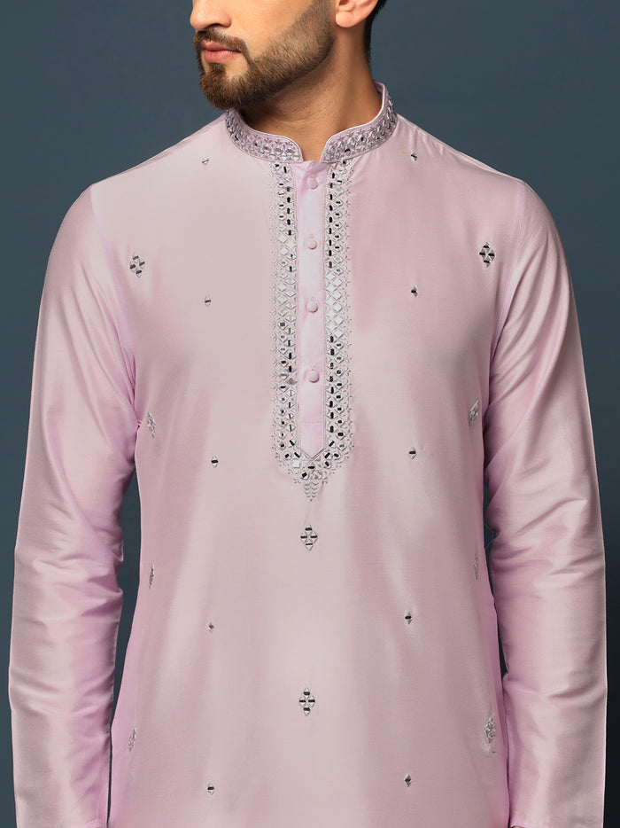 Men Light Pink Mirror Work Elegant Festive Kurta Set with Churidar