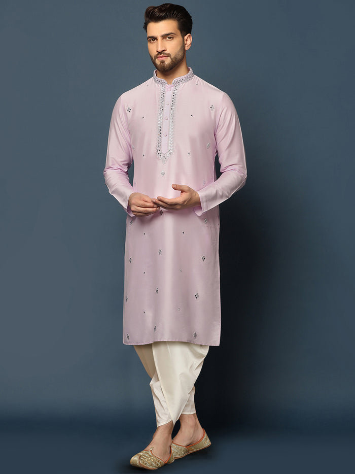 Men Light Pink Mirror Work Embellished Kurta Dhoti Set Classic Festive Wear