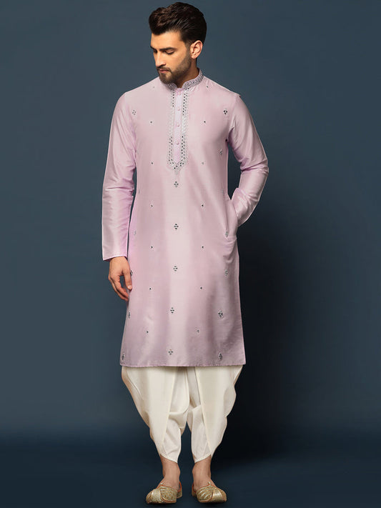 Men Light Pink Mirror Work Embellished Kurta Dhoti Set Classic Festive Wear