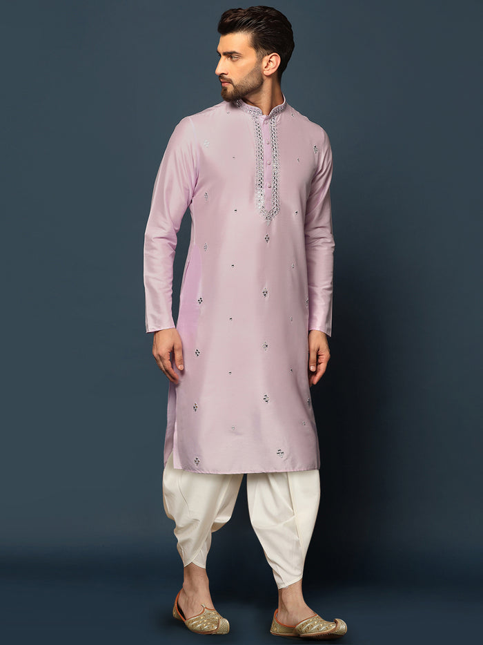 Men Light Pink Mirror Work Embellished Kurta Dhoti Set Classic Festive Wear