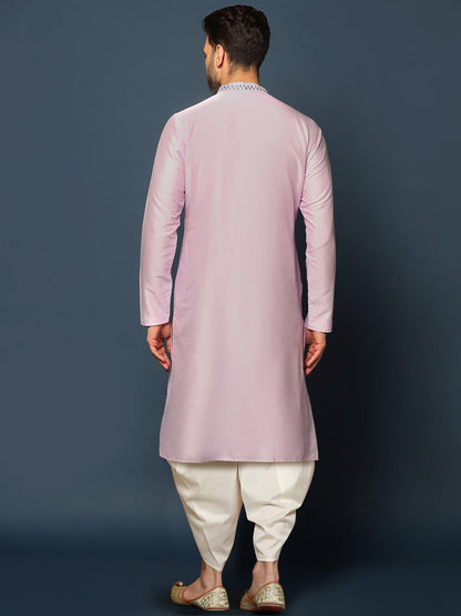 Men Light Pink Mirror Work Embellished Kurta Dhoti Set Classic Festive Wear