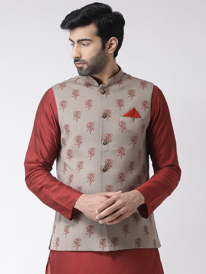 Men Maroon Printed Nehru Jacket