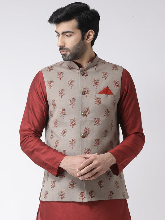Men Maroon Printed Nehru Jacket