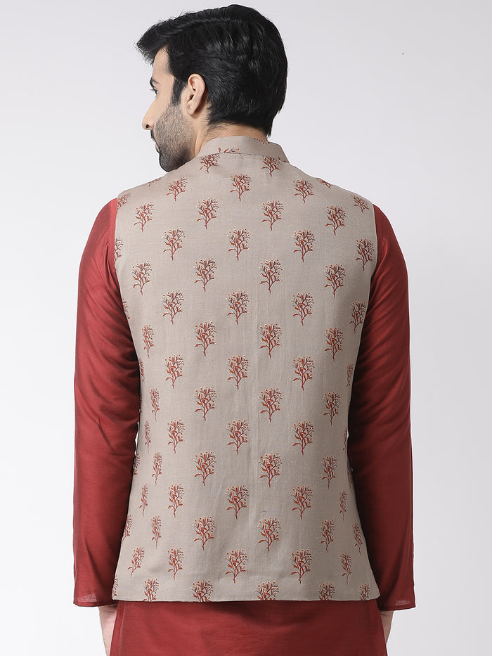 Men Maroon Printed Nehru Jacket