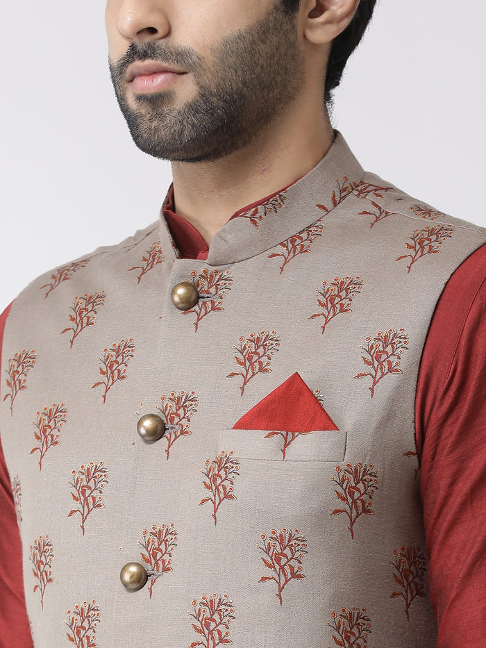 Men Maroon Printed Nehru Jacket