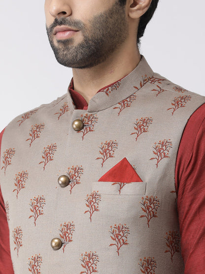Men Maroon Printed Nehru Jacket
