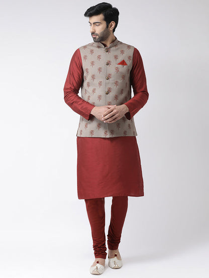 Men Maroon Printed Nehru Jacket