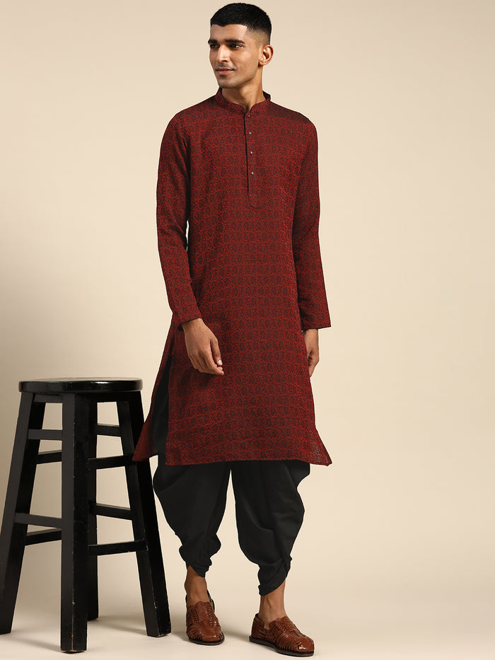 Men Maroon Textured Kurta