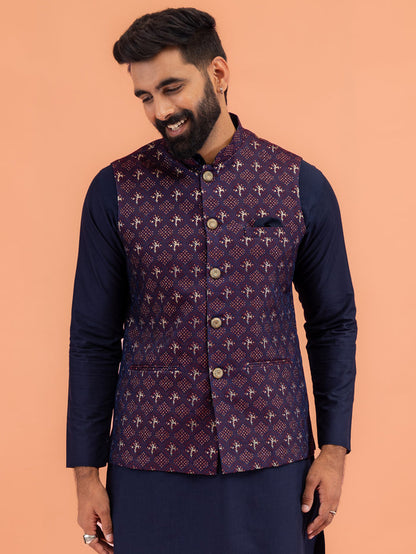 Men Maroon Textured Nehru Jacket