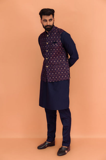 Men Maroon Textured Nehru Jacket