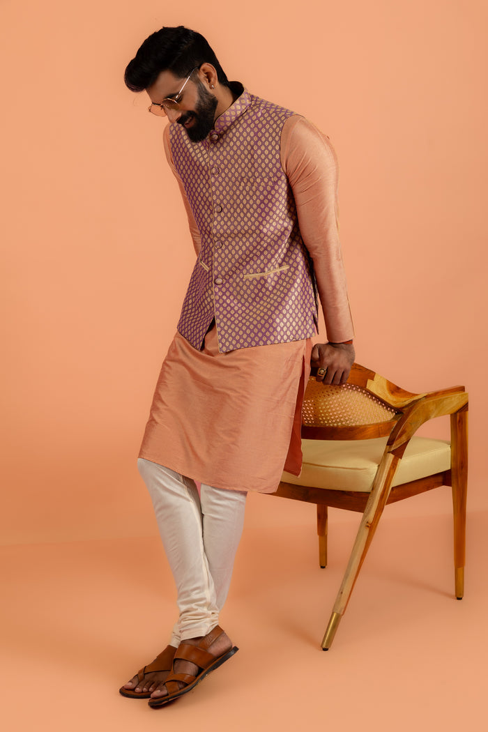 Men Mauve Textured Kurta Jacket Churidar Set