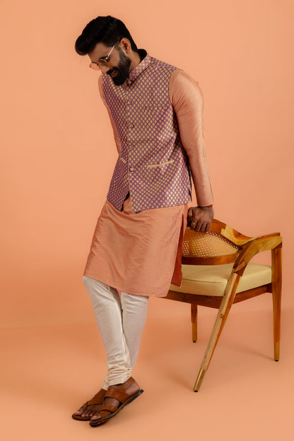 Men Mauve Textured Kurta Jacket Churidar Set