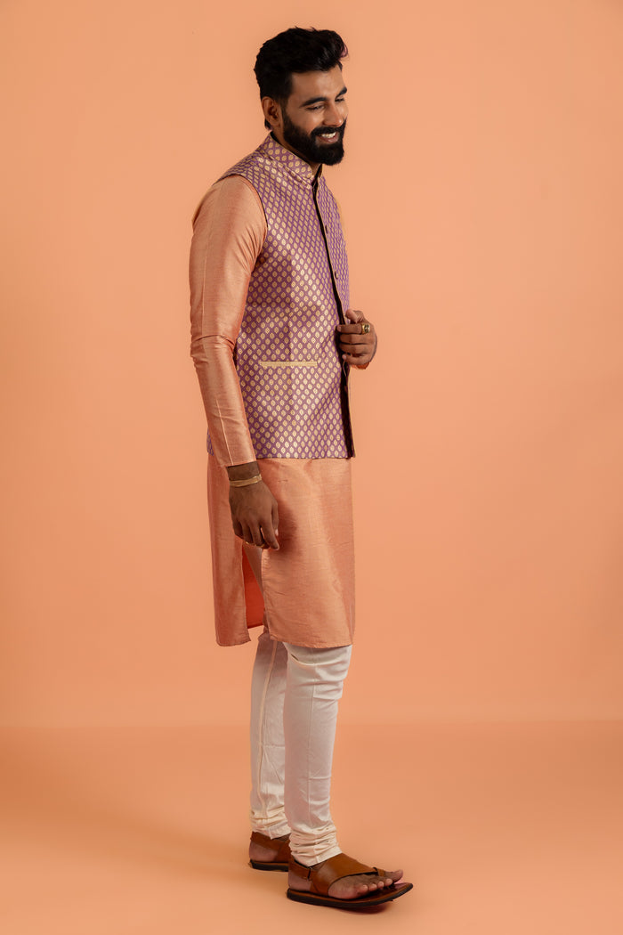 Men Mauve Textured Kurta Jacket Churidar Set