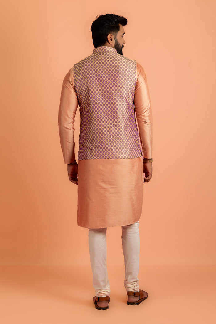 Men Mauve Textured Kurta Jacket Churidar Set