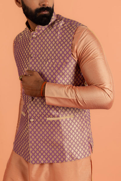 Men Mauve Textured Kurta Jacket Churidar Set