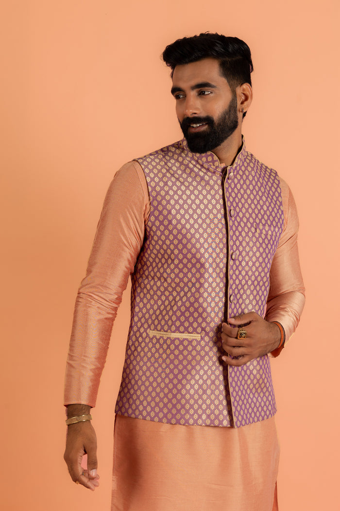 Men Mauve Textured Kurta Jacket Churidar Set