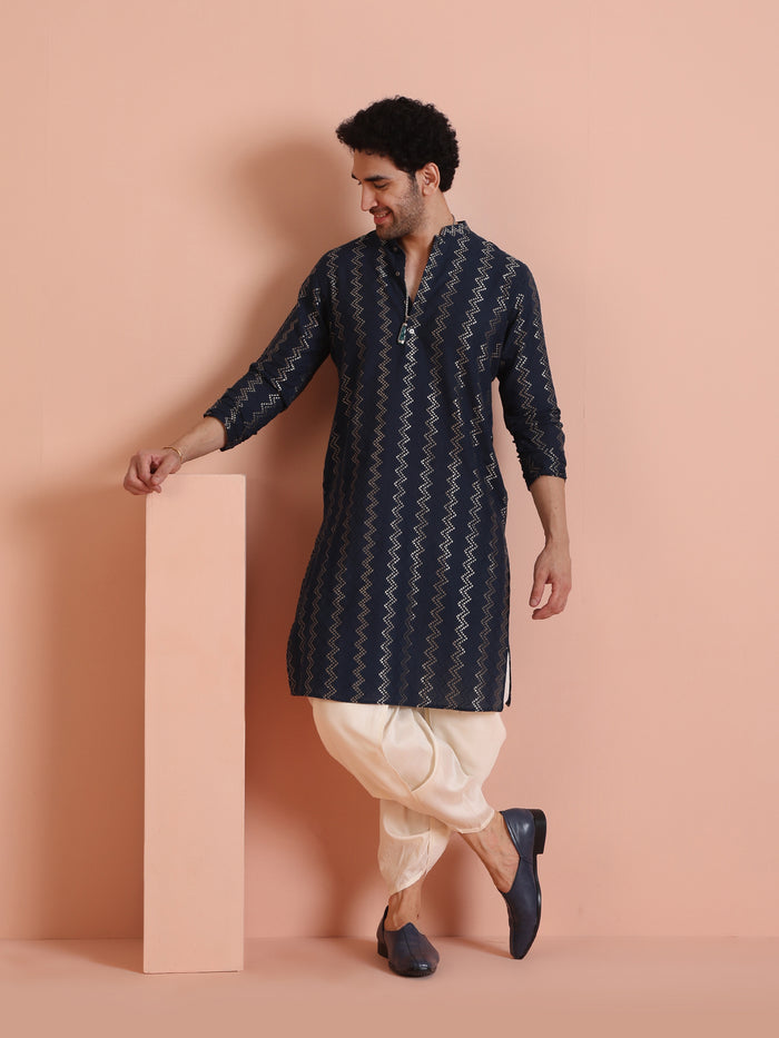 Men Navy Blue Chevron Textured Kurta Dhoti Set