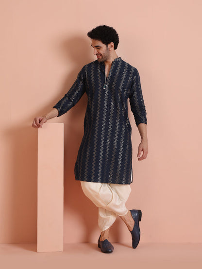 Men Navy Blue Chevron Textured Kurta Dhoti Set