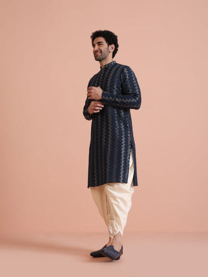 Men Navy Blue Chevron Textured Kurta Dhoti Set