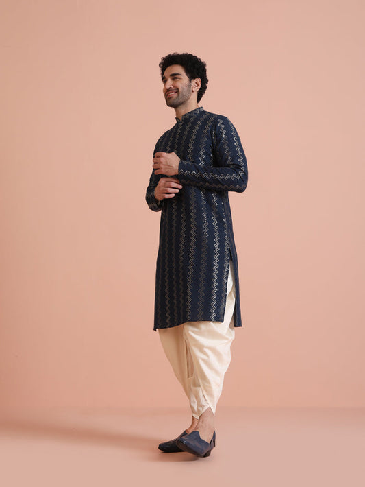 Men Navy Blue Chevron Textured Kurta Dhoti Set