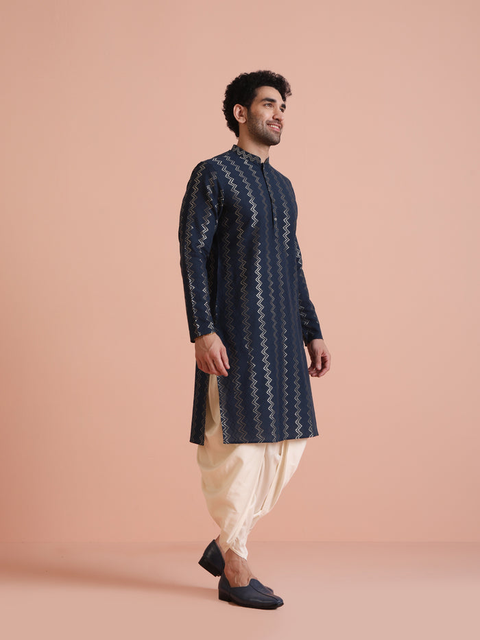 Men Navy Blue Chevron Textured Kurta Dhoti Set