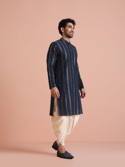 Men Navy Blue Chevron Textured Kurta Dhoti Set