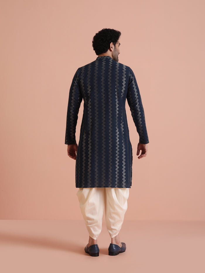 Men Navy Blue Chevron Textured Kurta Dhoti Set