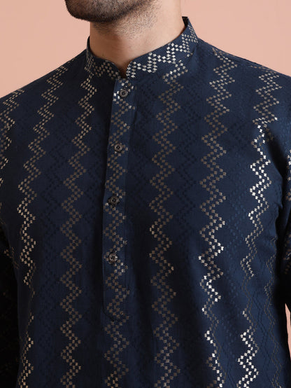 Men Navy Blue Chevron Textured Kurta Dhoti Set