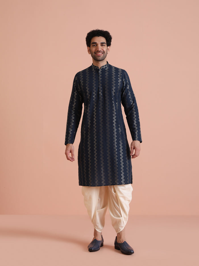 Men Navy Blue Chevron Textured Kurta Dhoti Set