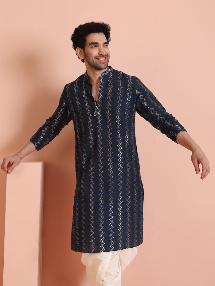 Men Navy Blue Chevron Textured Kurta Dhoti Set