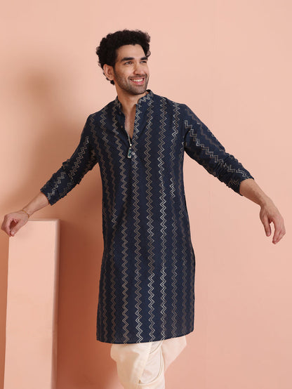 Men Navy Blue Chevron Textured Kurta Dhoti Set