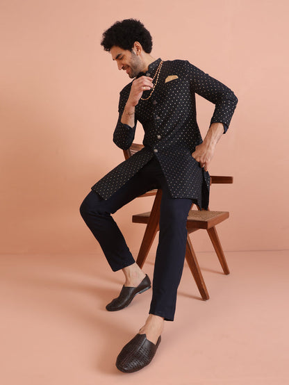 The model is posing with Men Navy Blue Embellished Indowestern Trouser Set in a stylish way