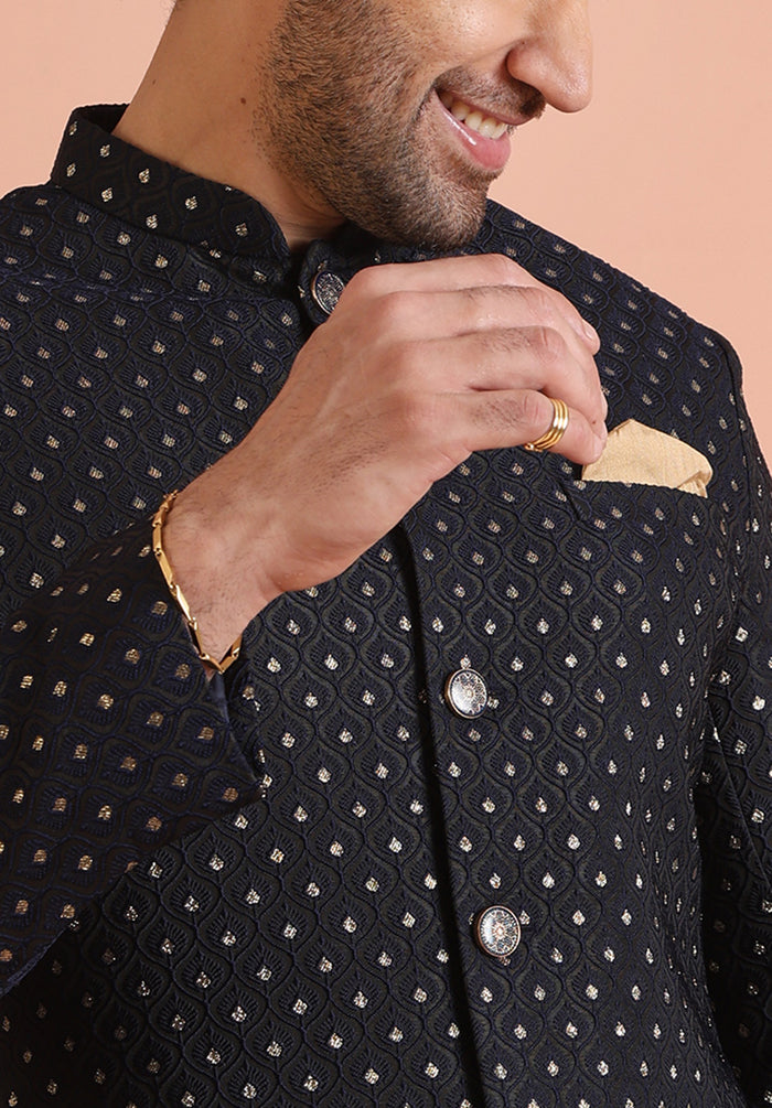 The zoomed in view of detailed embellishments in Navy Blue Embellished Indowestern Trouser Set of Kisah