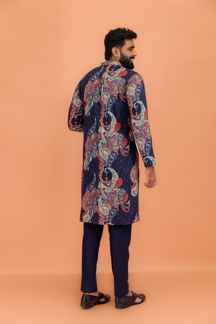 The back view of the model highlights Kisah Men’s Navy Blue Kurta Trouser Set with a clean silhouette.