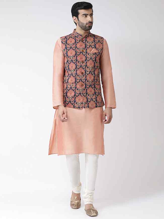 Men Navy Blue Printed Kurta Jacket Set
