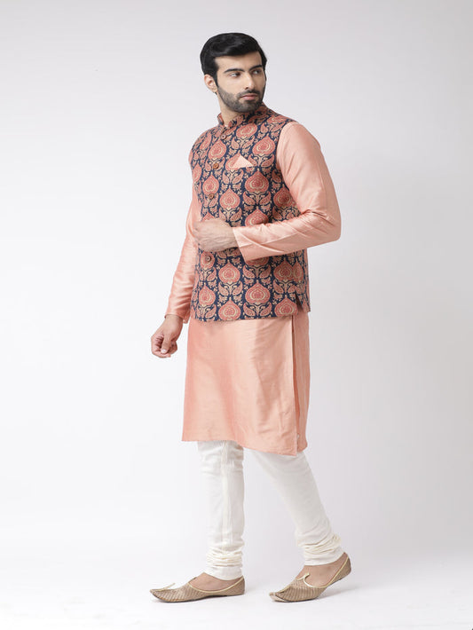 Men Navy Blue Printed Kurta Jacket Set