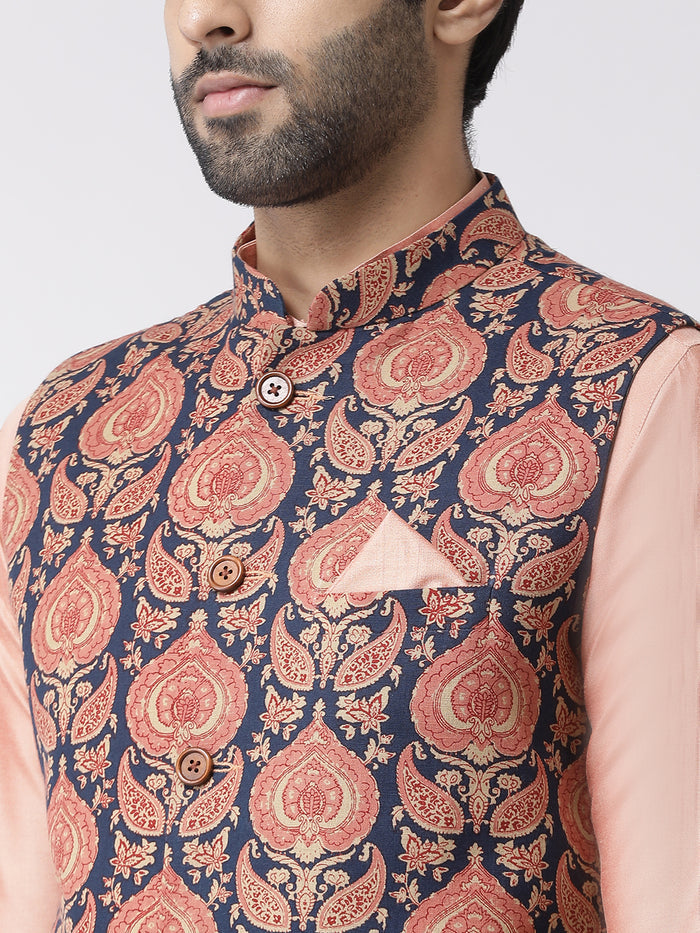 Men Navy Blue Printed Kurta Jacket Set