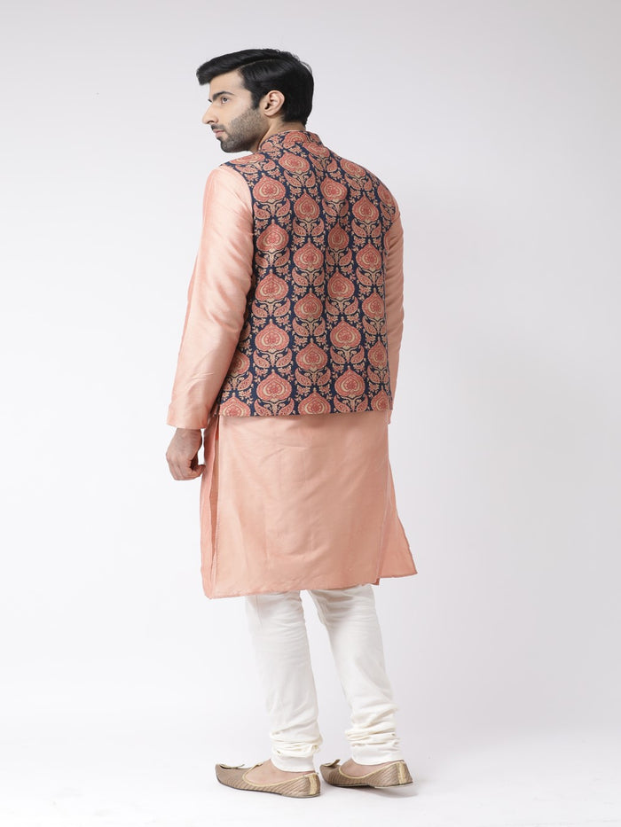 Men Navy Blue Printed Kurta Jacket Set