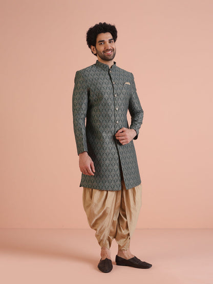 Men Olive Green Textured Indowestern Dhoti Set