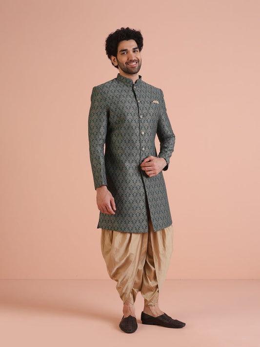 Men Olive Green Textured Indowestern Dhoti Set