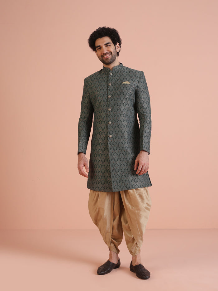 Men Olive Green Textured Indowestern Dhoti Set
