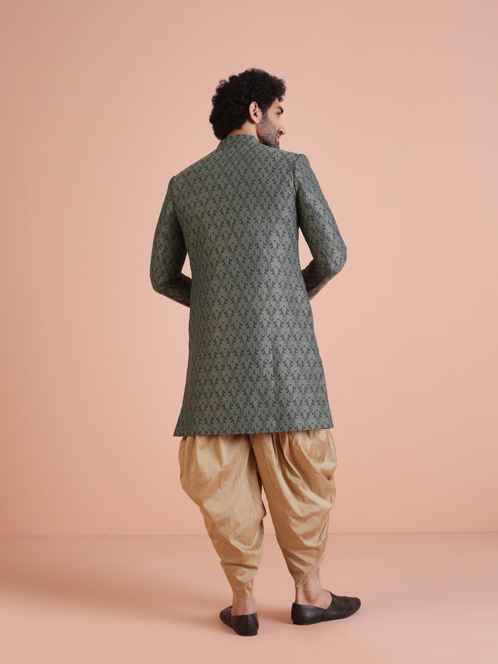 Men Olive Green Textured Indowestern Dhoti Set