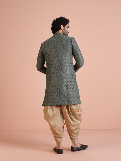 Men Olive Green Textured Indowestern Dhoti Set