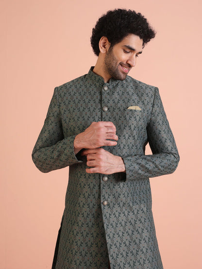 Men Olive Green Textured Indowestern Dhoti Set