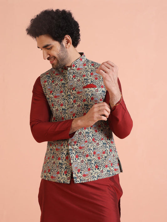 Men Olive Printed Nehru Jacket